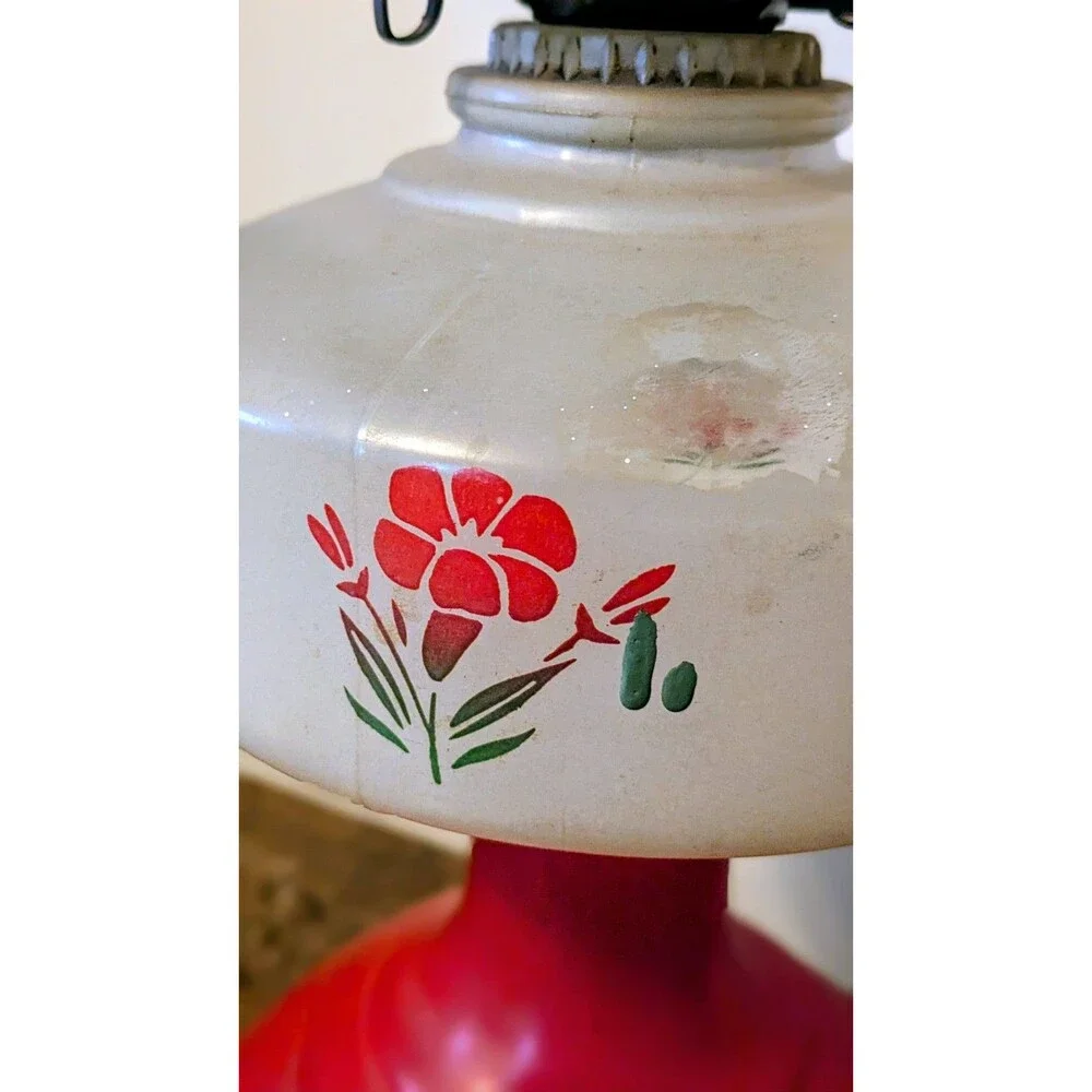Vintage Red Frosted Glass Kerosene Oil Lamp Cold Painted Floral with Chimney 18